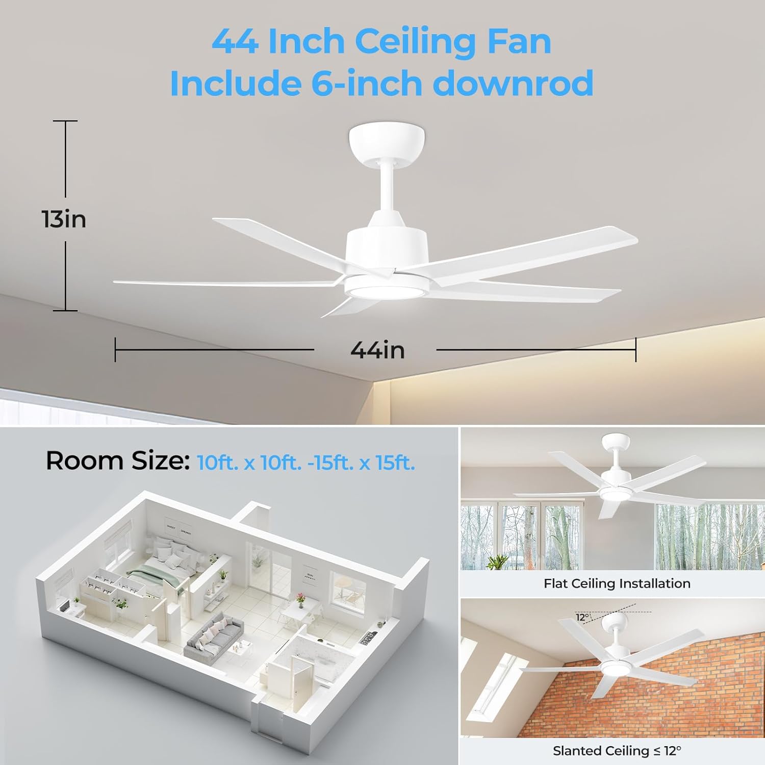ocioc 44 Inch Ceiling Fans with Lights and Remote, White Ceiling Fan with Backlight, Reversible Airflow, Quiet DC Motor, 3000-6500K Dimmable LED, 6 Speeds Modern Ceiling Fan for Bedroom,Living Room